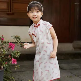 Vêtements ethniques filles chinois traditionnel soyeux Cheongsams été imprimé fleuri à manches courtes Qipao vêtements pour enfants mignon princesse Hanfu