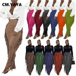 Kjolar CM.YAYA Dam Stripe Hög midja Tofs Sida Sexig Bodycon Midi Maxikjolar Elegant Basic Kvinnlig Penna Lång Kjol 230703