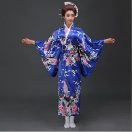 Blue Japanese National Women Silk Kimono Yukata With Obi Novelty Evening Dress Cosplay&Halloween Costume Floral One Size JK068261L