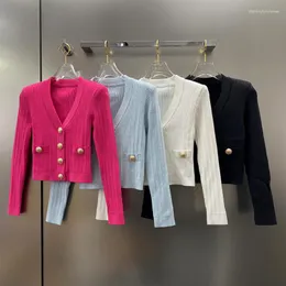 Cárdigans de manga larga de punto corto con botones de Metal elásticos sexis a la moda para mujer, suéter ajustado con cuello en V para otoño de 2023 para mujer