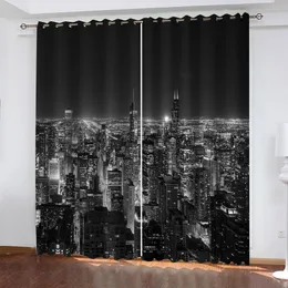 Rack 3d moderno economico nero vista notturna della città moderna finestra tenda ombreggiatura poliestere camera da letto soggiorno gancio occhiello decorativo
