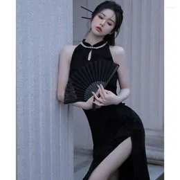 Odzież etniczna Vintage seksowna bez rękawów damska ulepszona Qipao klasyczna elegancka stójka czarna Cheongsam Slim Split chińska sukienka