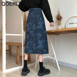 Skirts QOERLIN TieDye Split Skirt Female Spring Summer Midlength Retro High Waist Irregular Aline Skirt Plus Size Jeans Skirts Women Z230705