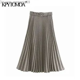 Skirts Women Chic Fashion Office Wear Houndstooth Pleated Midi Skirt Vintage High Waist With Belt Female Skirts Faldas Z230704