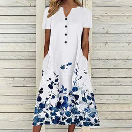 Günlük elbiseler moda kadın düğmesi kısa kollu baskılı elbise yaz gevşek v boyun abiti estivi Donna 2023