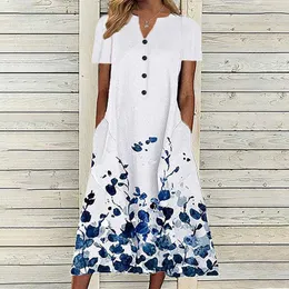 Casual Dresses Fashion Women's Button Short Sleeve Printed Dress Summer Loose V Neck Abiti Estivi Donna 2023