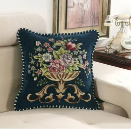 European Luxury Cushion Decorative Pillow Linen Blue Red Flowers Sofa Decorative Cushion Cover Pillowcase 45x45 Throw Home Decor Pillowcover YLW-001