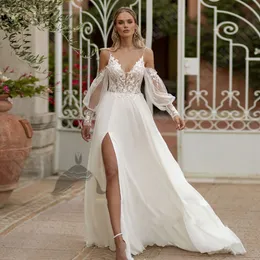 Puffy Long Sleeve Boho Wedding Dresses Spaghetti Strap Lace Appliques Bridal Gown Side Split Chiffon vestidos de novia for Bride