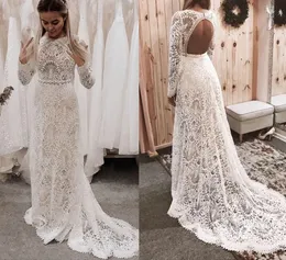 Boho-Spitzenkleider mit langen Ärmeln, sexy, rückenfrei, A-Linie, Juwel-Ausschnitt, Sweep-Zug, Strand-Landhochzeitskleid, Übergröße, Vestido de Novia