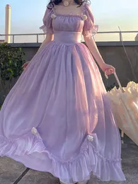 Платья 2023 Французское винтажное фиолетовое платье Лето с пышными рукавами и открытой спиной с бантом Aline Midi Dress Fashion Party Вечернее платье принцессы во дворце