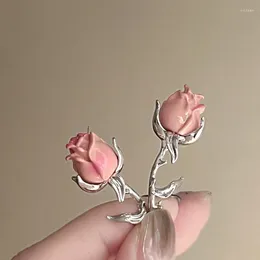 Pendientes colgantes Vintage Metal lacado flor rosa para mujer moda exagerada Color plata ramas joyería regalo de cumpleaños