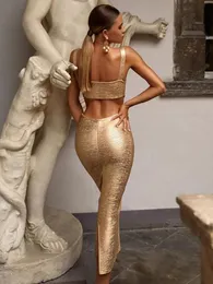 kjol kvinnor sommar sexig rygglös ihålig ut midi guld bronsing bodycon bandage klänning 2023 elegant kvällsklubb festklänning