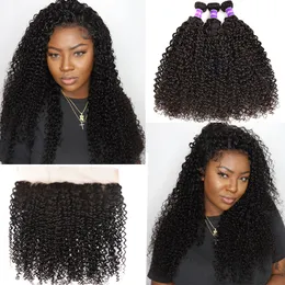 Brazilian Kinky Curly Bundles With Frontal 3 Bundles With 13x4 Lace Frontal 100% Human Hair Remy Hair