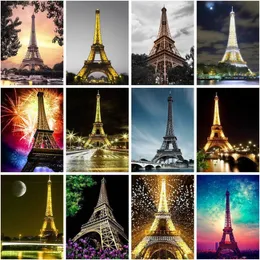 Vorhänge Chenistory Bild nach Zahlen Eiffelturm Landschaftsbausätze Diy Malen nach Zahlen Zeichnung auf Leinwand Handarbeit Heimdekoration Kunst G