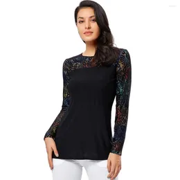 Bluzki damskie YTL Plus rozmiar kobiety wokół szyi koronkowa wstawka kwiecista bluzka z długim rękawem czarna tunika koszule muzułmańskie panie 6XL 8XL H282