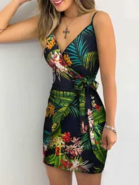 Casual Dresses Tropical Print V-ringning Wrap Casual Dress Women Sleeveless Summer Holiday Mini Dress J230705