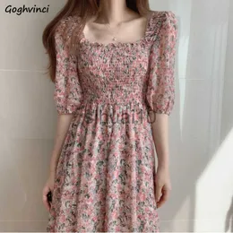 Sıradan Elbiseler S-3XL Çiçek Şifon Elbise Kadın Tatlı Puf Sleeve İmparatorluk Vintage Peri İnce Kare Yakası Vestido Pembe Mizaç Zarif Şık J230705