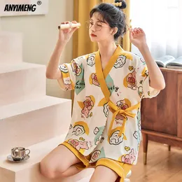 Damen Nachtwäsche 2023 Mode Sommer Pyjamas für Teenager Mädchen Kawaii Bär Druck Weiche Baumwolle Kimono Bogen Ornament Pijamas Dame