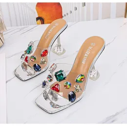 ブーツMaiernisi Summer New Women Shoes Square Toe Toe Rhinestone Sandals Diamante High Heels Peep Toe Ladies Shoes Sier Gold Black