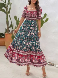 Casual Jurken Boho Bloemenprint Lange Jurk Vrouwen Zomer Strand Zonnejurk Korte Mouw Vierkante Hals Ruches Geplooide Jurk Bohemian Casual Jurken J230705