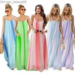 Casual Dresses Fahion Chiffon Bright Color Patchwork Casual Dresses Sleeveless Sundress Loose Long Dress Cheap Women Summer Boho Maxi Dresses Z230706