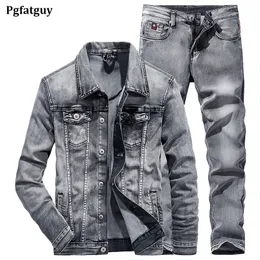 Prosty przydymiony szary męski 2-częściowy zestaw Slim-fit z długim rękawem Denim kurtka i dżinsy Wiosna jesień Business Casual Denim Garnitur