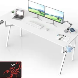Computertisch, 63 Zoll, großer Arbeitszimmer-Gaming-PC-Schreibtisch für Heimbüro, langer Schreibtisch mit Mauspad, Headset-Haken, Getränkehalter, K-förmiges Metall Fr