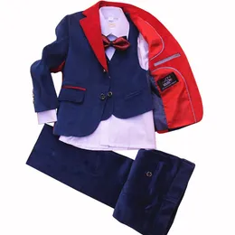 Kleider für Kinder, formelle Jacke, Hochzeit, Jungenanzug, 4-teiliges Set, hochwertige Jacke + Weste + Hose + Fliege, Cord, Blau, Größe 4256