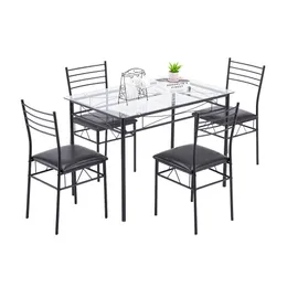 Esszimmer-Set, Tisch mit Glasplatte und 4 Stühle, Küchenmöbel, Schwarz, einfach und praktisch
