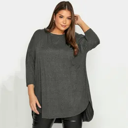 Dam T-shirt i plusstorlek Vår Höst Elegant Hi Low Tunika 34 Batwing-ärm Lång lös blus Mörkgrå Plissé Rygg Stor Casual Topp 6XL 230705