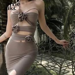 Lässige Kleider PixieKiki 3D-Blumenapplikationen ausgeschnittenes Neckholder-Kleid Damenbekleidung Sexy Sommer Asymmetrisch rückenfrei geteilt lang P69-CH25