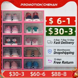 6pcs 투명한 신발 상자 신발 주최자 플라스틱 두꺼운 접이식 방진 저장 상자 쌓을 수있는 결합 신발 캐비닛 판매 l230705