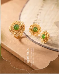 Cluster Rings Real S925 Sterling Silver Gold-plated Hetian Jade Jasper Vintage Personality Peony Flower Ladies Classic Ring