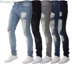 Men's Jeans Mens Solid Color Distressed Biker Cool Jeans Fashion Slim Ripped Washed Pencil Pants Men Jean Male High Street Z230711
