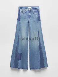 Spodnie damskie Capris Patchwork Denim Big Flare Spodnie dla kobiet Vintage Zipper Street Pocket Szerokie nogawki Frędzle Jeans Spodnie 2023 Wiosna Modne spodnie J230705