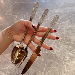 Dinnerware Sets 3pcs Gold Western Set Rhinestones Handmade Stainless Steel Cutlery Fork Knife Spoon Tableware Portable Flatware