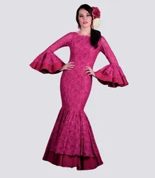 Parti Elbiseleri Rosa Kırmızı Denizkızı Uzun Kollu Akşam Durumu Traje de Flamenca Deseo Encaje Full Dantel İspanya Prom Önlük