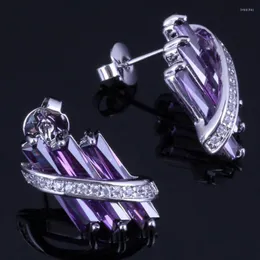 Stud Earrings Sweet Rectangle Purple Cubic Zirconia White CZ Silver Plated V0859