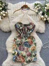 Basic Casual Klänningar SINGREINGY 2023 Sommar Vintage Korsett Slim Klänning Axelbandslös Grimma Blommig Sexig Solklänning Franskt tryck Retro Kort 230705