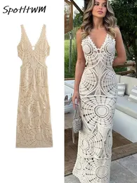 Basic Casual Dresses Solid Knitted Hollow Out Crochet Long Elegant V neck Sleeveless Backless Vestido Party Beach Vacation Clothes 230705