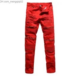 Мужские джинсы Оптовая- мужская мода красные белые черные отверстия рваные плиссированные байкерские джинсы Мото-повседневное стройное колено-молния Уничтожить джинсовые брюки Z230707