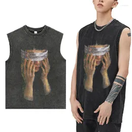 남자 티셔츠 남자 T 셔츠 2023ss hiphop fried street 어두운 세척 초상화 농구 양식 코트 남자 패션 브랜드 느슨한 민소매 티셔츠
