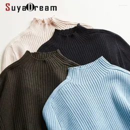 Women's Sweaters SuyaDream Woman Basic Silk And Cashmere Blend Mock Neck Pullovers Solid Ribs 2023 Fall Winter Bottoming Shirts