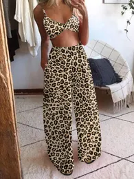 Calças femininas de duas peças verão sem mangas estilo sexy material de poliéster 2023 moda sutiã estampado solto calças largas com 2 conjuntos