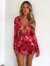 Vrijetijdsjurken Zomer Print Mini-jurk Sexy Mesh See Through Ruches Bodycon-jurk Modieus Bandage Lange mouw Club Feest Strandoutfits 2023 J230705