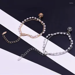 Braccialetti con ciondoli Braccialetti alla moda Bracciale con perline di perle simulate a doppio strato vintage per regalo di gioielli con sfera di cristallo da donna