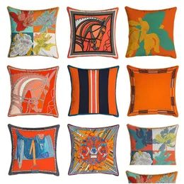 Cushion/Decorative Pillow 45X45Cm Orange Series Cushion Ers Horses Flowers Print Case Er For Home Chair Sofa Decoration Square Pillo Dhqak