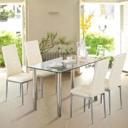 zestaw 5-częściowy zestaw stołowy Zestawy jadalne z blatem ze szkła hartowanego z 4 krzesłami ze skóry PU, jasnobiały Prosty i wygodny