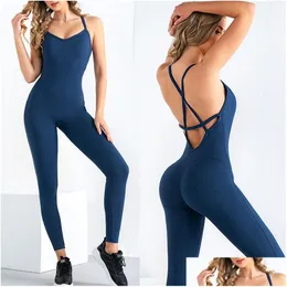 Women'S Jumpsuits Rompers Women Jumpsuit Fitness Crisscross Backless Bodysuits Female Gym Athletic Active Sport Sportswear Siamese Dhqsc