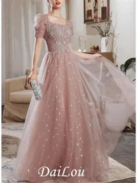 Party Dresses Elegant Prom Formal Evening Dress Sweetheart Neckline A-Line V Back Short Sleeve Floor Length Lace With Beading Appliques